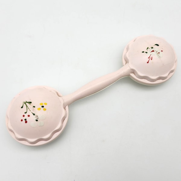 Vintage Painted Baby Rattle Pink White Floral JODA Joseph Davis Plastics Company USA Old Toy Collectible