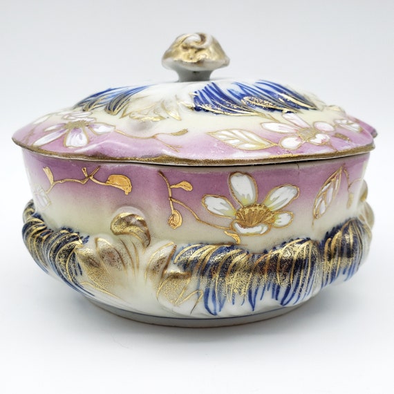 Vintage Tashiro Japan Porcelain Ornate Pink Blue Gold Floral Jewelry Trinket Dish Vanity Dresser Decor Powder Box