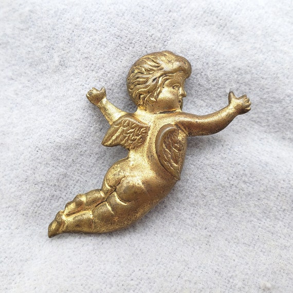 Vintage Cherub Pin Gold Brass Tone Flying Baby An… - image 1