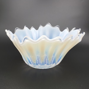 Vintage Fostoria Heirloom Opalescent Handkerchief Bowl Candy Dish Blue White Art Glass Abstract Free Form