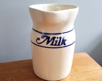 Vintage Milk Pitcher White Blue Pottery Ceramic Farmhouse Style Decor Flower Vase Jug Country Cottage Decorating