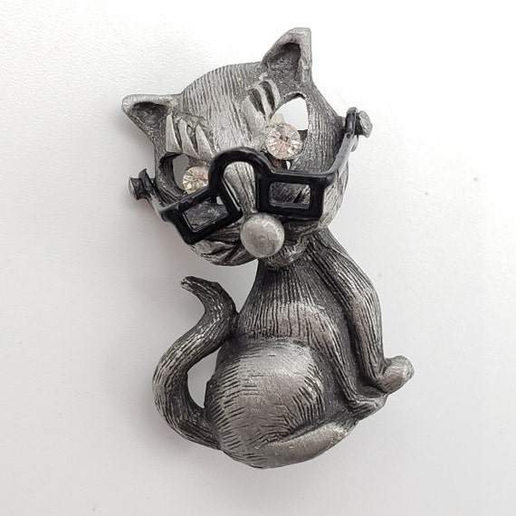 Vintage Cat With Glasses Pin Moveable Silver Tone… - image 3