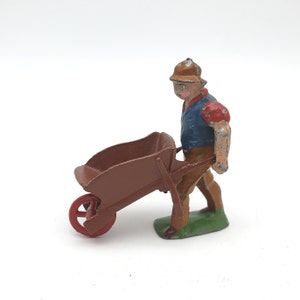Vintage Gardner Wheelbarrow Figure 2&quot; Miniature Metal Lead Britains France Farm Garden Worker Dollhouse Village Props