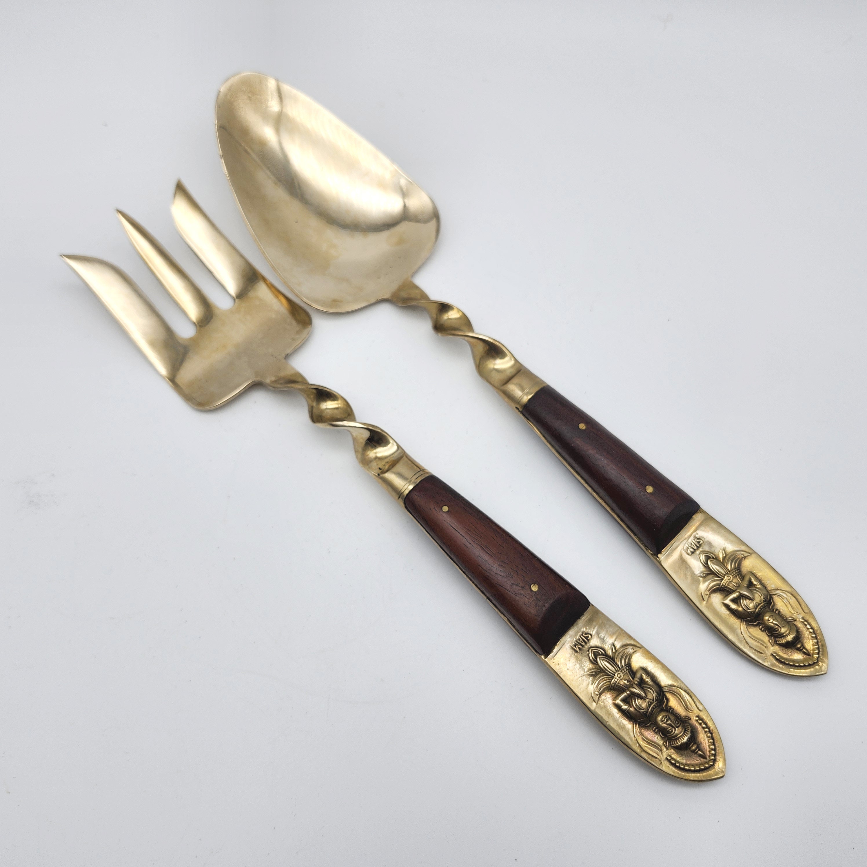 激安正規品 Handle Wood Brass Vintage Serving Siam Fork Spoon Set その他