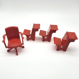 Vintage Renwal Dollhouse School Desks Swivel Office Chair Lot Red Plastic Doll Furniture Decor