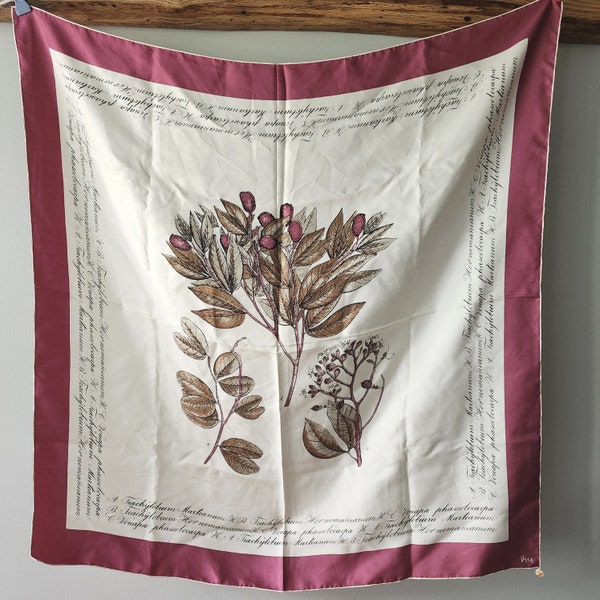 Vintage Vera Neumann Gold Piece Collection Scarf Botanical Print Raspberry Mauve Cream Earth Tones Nature Themed Scarf