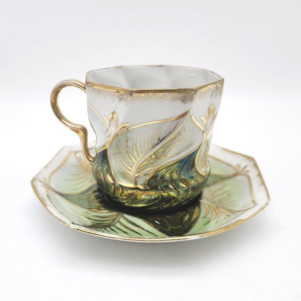 Vintage Lusterware Iridescent Cup And Saucer Ornate Green Gold Octagonal Twist Leaf Pattern Teacup Coffee