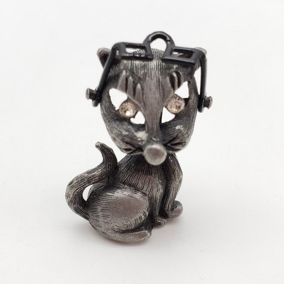 Vintage Cat With Glasses Pin Moveable Silver Tone… - image 2