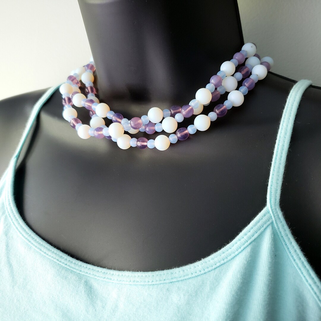 Vintage Frosted Glass Necklace Opalescent Satin Glass Bead Choker