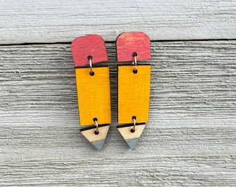Wooden pencil earrings, teacher earrings, gift for teacher, dangle pencil earrings, painted earrings, pencil post earrings, school earrings
