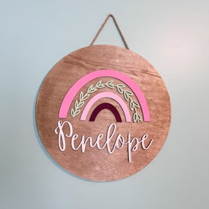 Custom nursery name sign, rainbow nursery sign, girl nursery sign, round nursery name sign, girly rainbow nursery sign