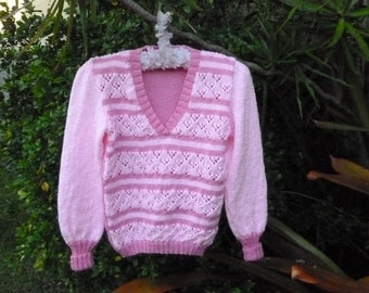 Girl’s Pink Striped V Neck Jumper/Pretty Hand Knitted Child’s Pullover/Pink Sweater with Lacy Panels/Knit/Australian Seller/ Paula's 1 Offs