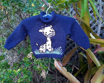 Toddlers Jumper with Giraffe Motif/Baby Dark Navy Hand Knitted Pullover/Childs Unisex Sweater/12 - 18 month/Australian Seller/Paula's 1 Offs