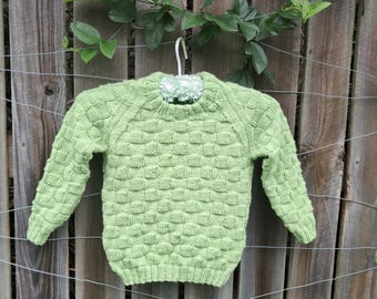 Kid's Jumper, Wool, Hand Knitted : Green Unisex Sweater, Size 3-4 Years