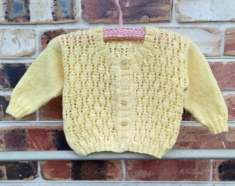 Baby Girl's Wool Lacey Lemon Cardigan/Baby's Hand Knitted Jumper/Sweater/Baby Shower Gift/Australian Seller/Paula's 1 Offs/6 months/9 months