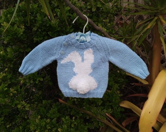 Babys Jumper with Bunny Motif/Bunny Motif with Pompom Tail/Babys Jumper Gift/Babys Hand Knitted Sweater/6 months/9 months/Australian Seller