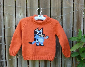 Bluey Jumper/Child's Hand Knitted Jumper with Bluey Motif/Unisex Kid's Pullover/Burnt Orange Acrylic Bluey Sweater Gift/Australia Seller