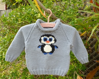 Baby's Merino Wool Jumper with Penguin Motif/Baby Boys Sweater/Baby Girls Jumper/8 months/9 months/Gender Neutral Baby's Wool Pullover/Soft