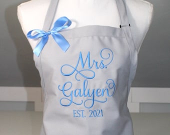 Mrs. Apron in GRACE Font with Est Date with bow - Bridal Shower Gift - Bride Apron - Wedding Apron - Perfect Gift for the Bride