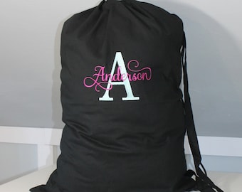 Monogrammed Black Laundry Bag with Letter and Name - Black Laundry bag with Monogram