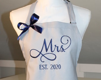 Mrs Apron in GRACE Font with Established Date and bow - Bridal Shower Gift - Bridal Apron - Wedding Apron - Perfect Gift for the Bride