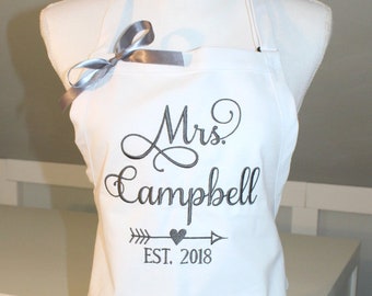Mrs Apron in GRACE Font w/Arrow w/Heart - Bridal Shower Gift - Gift for Bride - Personalized Apron - Embroidered Apron - Wedding Gift