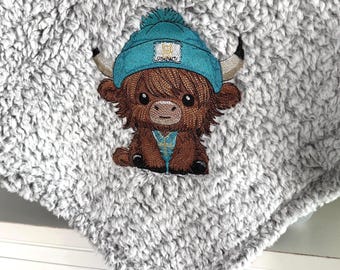 Frosted Sherpa Blanket - Embroidered with Highland Cow