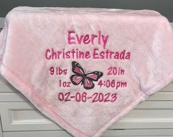 Fleece Baby Blanket Embroidered with Baby's Birth Information & Butterfly - Perfect Baby Gift - Personalized Baby Blanket - Gift for Baby