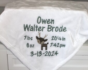 Fleece Baby Blanket Embroidered with Baby's Birth Information with Woodland Animal - Perfect Baby Gift - Personalized Baby Blanket
