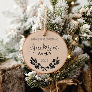 Engraved Wood Christmas Ornament: Personalized Baby&#39;s First Christmas Keepsake