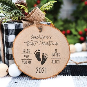 Engraved Baby&#39;s First Christmas Ornament: Personalized Wood Keepsake