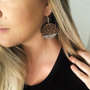Engraved Leopard Print Wooden Earrings: Hand-Painted Silver Accent