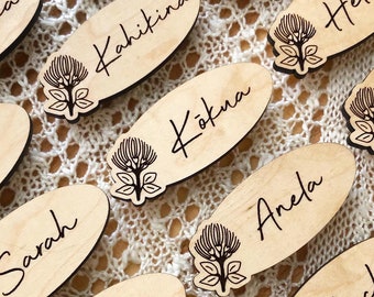 Engraved Wood Wedding Name Tags: Custom Magnetic Guest Gift