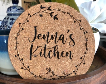 Salvamanteles de cocina de corcho personalizado, almohadilla térmica grabada, regalo de inauguración de la casa