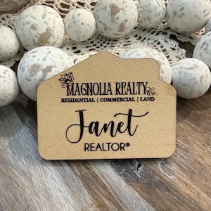 Engraved Maple Realtor Name Tag: House Shaped Magnetic Badge