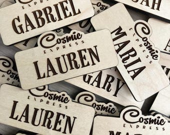 Engraved Wooden Name Tag: Custom Maple Wood with Magnetic Backing