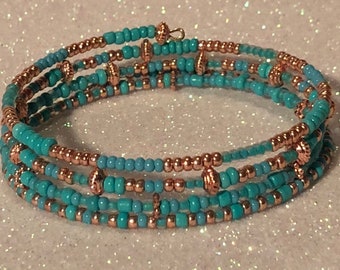 Turquoise and Gold Glass Seed Bead Wrap Bracelet (handmade)