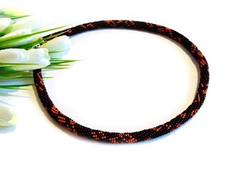 Necklace Pendant Brown and Orange rope Beaded jewelry Statement Tourniquet on the neck crochet seed bead for women her modern cute dainty