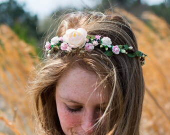 Pink Peony Flower Hair Wreath - Wedding Flower Wreath -  Pink Floral Halo - Hippie Flower Crown - Bridal Flower Crown - WedAcc- 134