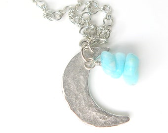 Hammered Moon with Larimar Gemstone Chip -  Moon Necklace with Gemstone - Boho Gemstone New Moon Necklace - Silver Moon Pendant with Larimar