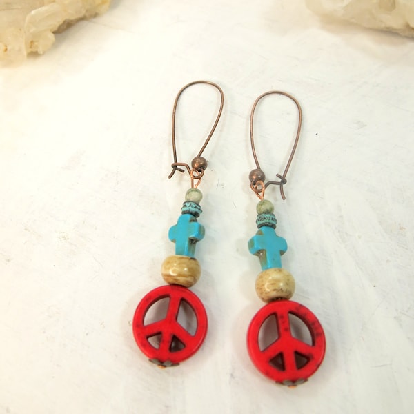 Dangle Drop Red Peace Sign Earring - Long Red Earrings - Halloween Dangle Earring - Peace Sign Earring - Cosplay Earring - Hippie Earring