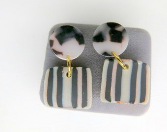 Black, Creamy White Translucent tortoiseshell Dangle Drop Earring - Modern Black and Cream Dangle - Striped Tortoiseshell Earring - Ear -255