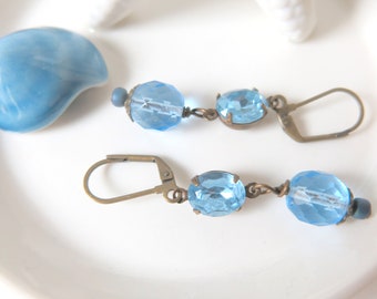 Vintage Dangle Earrings for Women - Blue Dangle Earrings - Blue earrings dangles - Gift for Bridesmaid - Gift for Her - Vintage Cut Glass