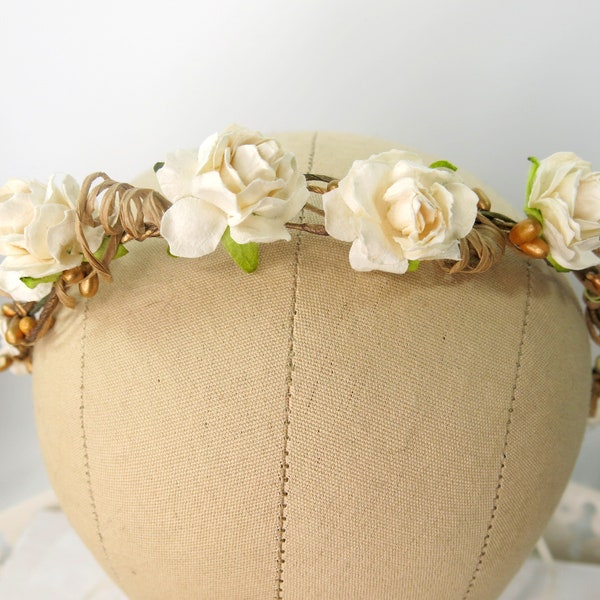 Ivory flower crown, Ivory Wedding Hair wreath, Ivory Wedding Headpiece, Bridal Floral Circlet, Woodland Hair, Beach Wedding. WedAcc-136