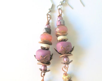 Rose Pink Dangle Drop Earrings - Boho Style Dangle Earring -  Long Beaded Dangle - Gift for Girlfriend