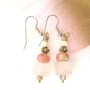 Recycled Chunky Glass Dangle Drop Earrings Hippie Pink Earrings Bohemian Pink Chunky Glass Dangle Summer Style Pink Earring Ear 225 image 1