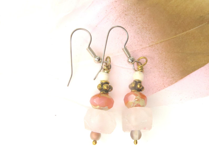 Recycled Chunky Glass Dangle Drop Earrings Hippie Pink Earrings Bohemian Pink Chunky Glass Dangle Summer Style Pink Earring Ear 225 image 1