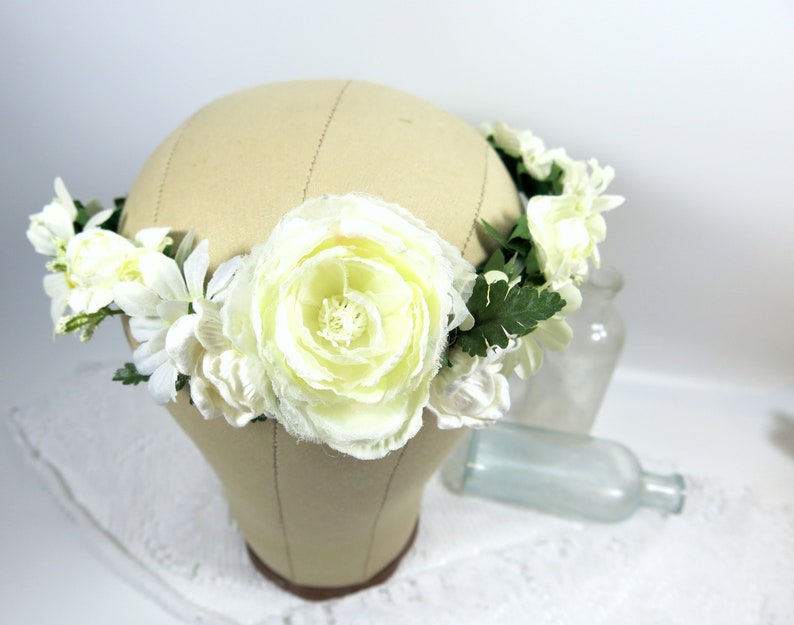 Large Peony Crown Cream Cream Bridal Halo Ivory and White Flower Crown Natural Halo Crown Rustic Wedding Crown WedAcc -135
