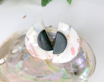 Large Pink, Black, White Modern Studs - Polymer Clay Earring - Geometric earring, Minimalist clay earring, Statement earring - Ear-252