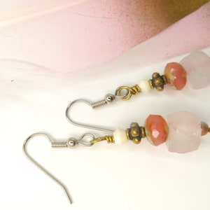 Recycled Chunky Glass Dangle Drop Earrings Hippie Pink Earrings Bohemian Pink Chunky Glass Dangle Summer Style Pink Earring Ear 225 image 2